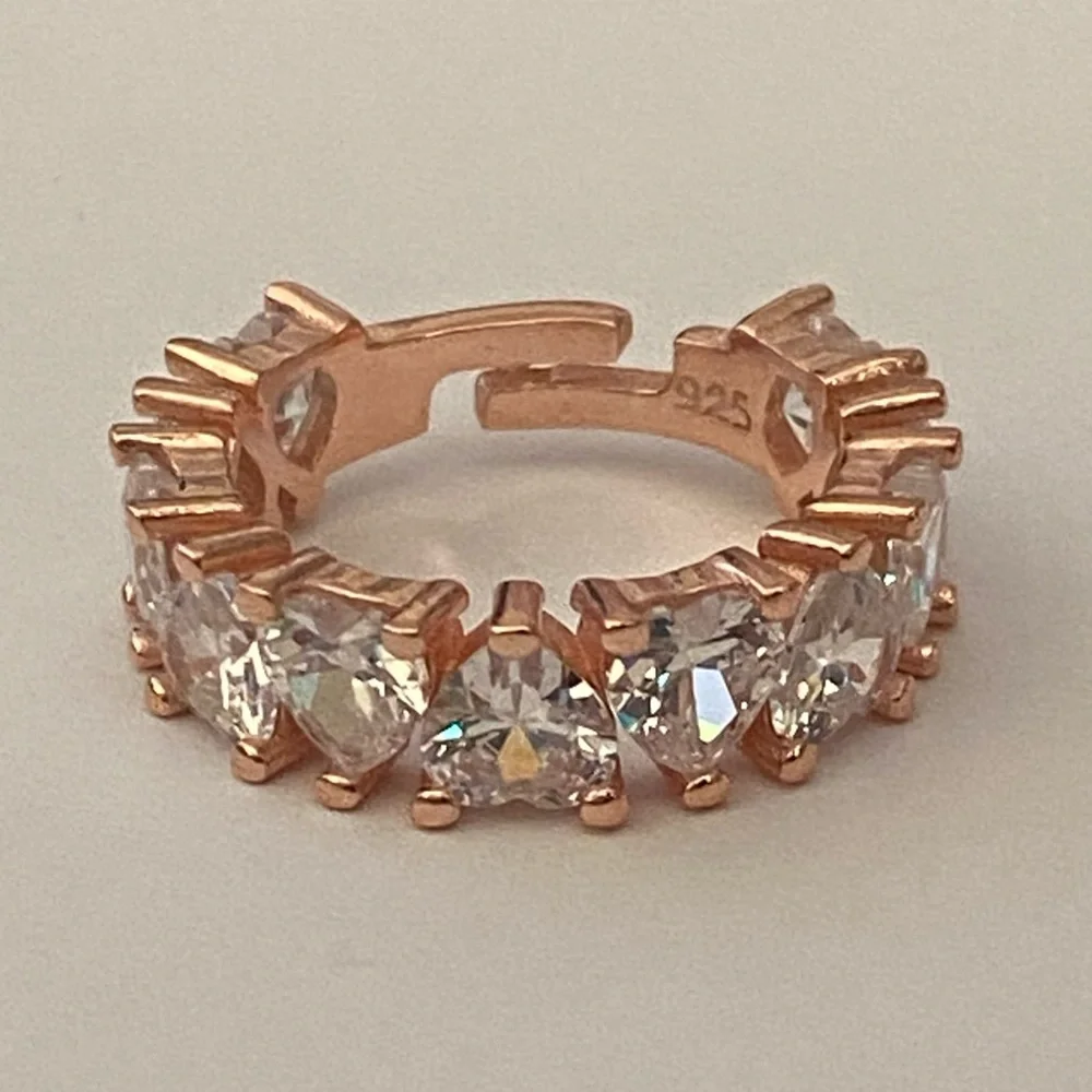 925 Silver heart ring 6-6.50 size adjustable band cz stones 14k rose gold plated
